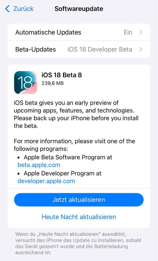 施甸苹果手机维修分享苹果 iOS / iPadOS 18 开发者预览版 Beta 8 发布 
